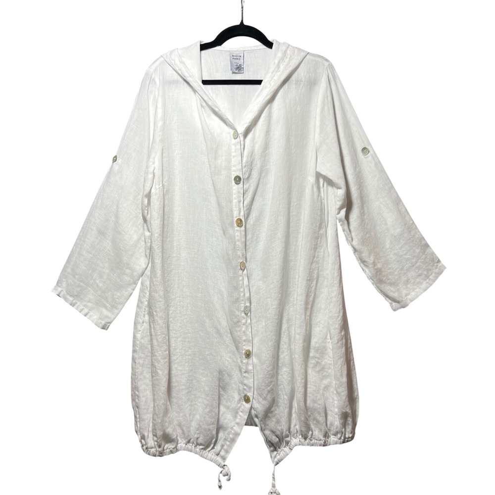 Match Point USA White 100% Linen Hooded Tunic Button Front Roll Tab S Lagenlook